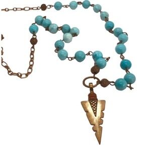 Beaded Turquoise  Necklace With Arrowhead Pendant 24" Long Artisan Made NWT